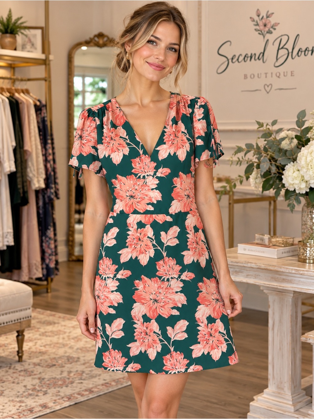 J.Crew Mercantile Floral V-Neck Dress Size 6 Green Coral Short Sleeve